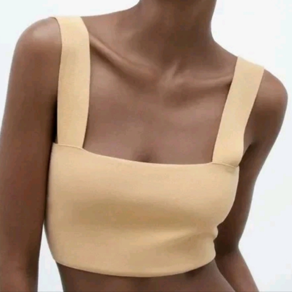 Zara Knit Crop Top Bra Beige Cream Wide Straps Viscose Blend Women's NWOT Tee L